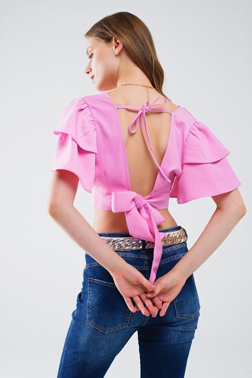 Pink Crop Top With Short Sleeves And V-neck