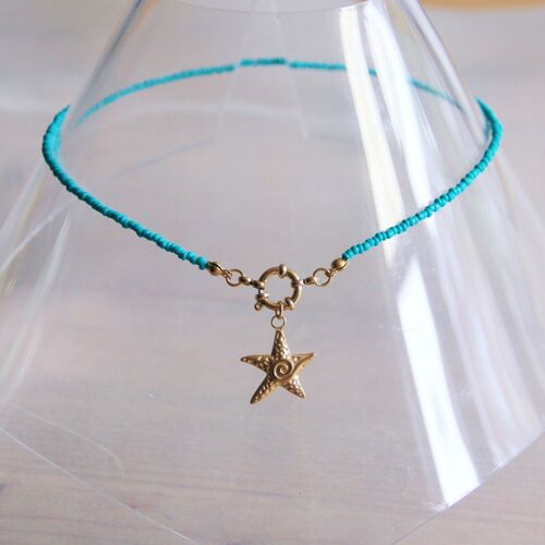 Beaded necklace with round lock and starfish – turquoise/gold