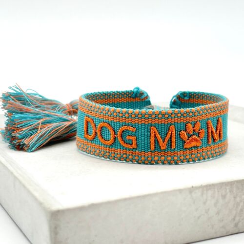 DOG MOM Statement Armband gewebt, bestickt türkis orange