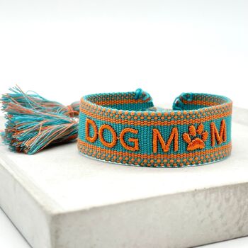 Bracelet déclaration DOG MOM tissé, brodé orange turquoise 1