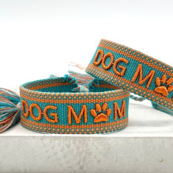 Bracelet déclaration DOG MOM tissé, brodé orange turquoise 2