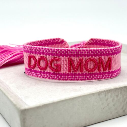 DOG MOM Statement Armband gewebt, bestickt rose pink