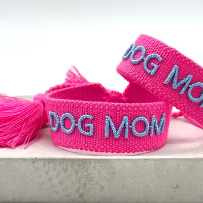 Pulsera llamativa DOG MOM tejida, bordada rosa azul