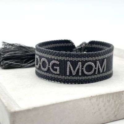 Bracelet de déclaration DOG MOM tissé et brodé anthra