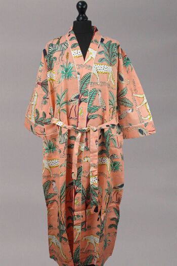 Robe kimono longue en coton - Imprimé animal sur pêche 2