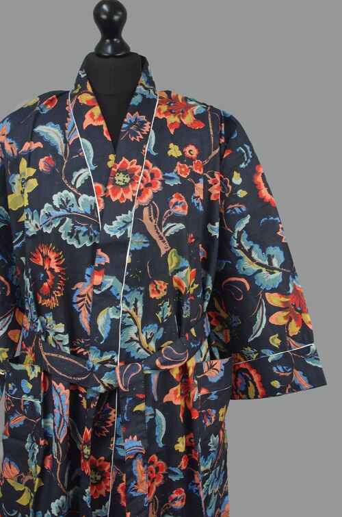 Cotton Kimono Dressing Gown - Black Paradise Bloom
