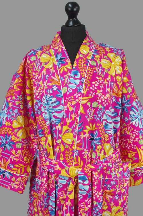 Cotton Kimono Dressing Gown - Multicolour Pink Botanical