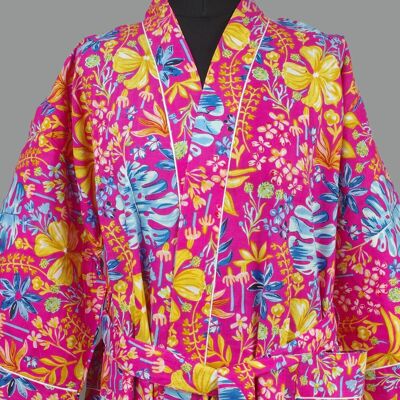 Albornoz tipo kimono de algodón - Multicolor Pink Botanical