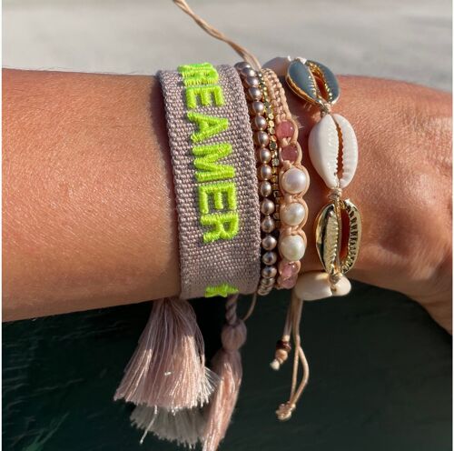 DREAMER Statement Armband gewebt, bestickt taupe neon gelb