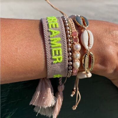 DREAMER Statement Armband gewebt, bestickt taupe neon gelb