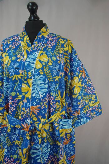 Robe de Chambre Kimono en Coton - Bleu Océan Floral 1