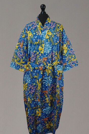 Robe de Chambre Kimono en Coton - Bleu Océan Floral 3