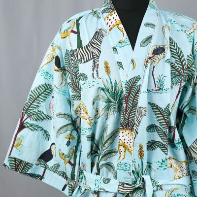 Peignoir Kimono En Coton - Safari Animal Sur Aqua