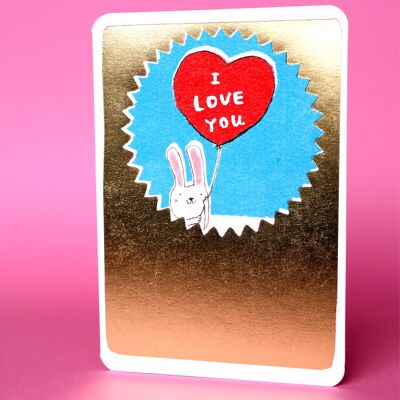 Goldfarbene Valentinstagskarte mit Hasenmotiv „Ich liebe dich“