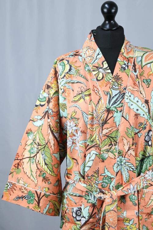 Cotton Kimono Dressing Gown Robe - Tropical On Peach Orange