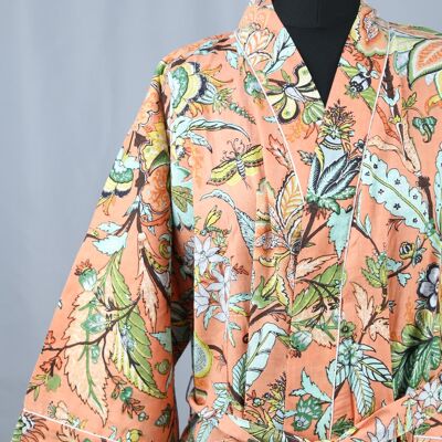 Morgenmantel aus Baumwoll-Kimono - Tropisch auf Pfirsich-Orange