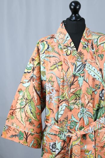 Robe de chambre kimono en coton - Tropical sur orange pêche 1