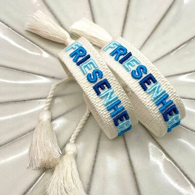 Pulsera llamativa FRIESENHERZ tejida, bordada azul turquesa crudo