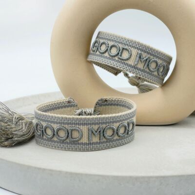 Bracciale di dichiarazione GOOD MOOD intrecciato, ricamato in grigio cipria