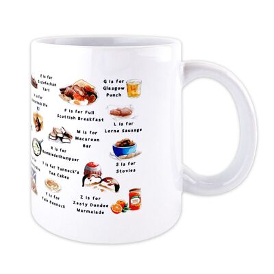 Eine Tasse mit dem schottischen Alphabet „Essen & Trinken“