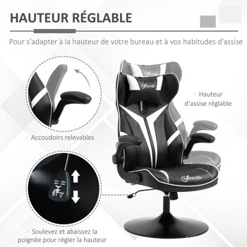 Vinsetto Fauteuil gamer  gaming pivotante  accoudoirs revelables coussin têtière inclus similicuir 67 x 70 x 106-112 cm blanc et noir 3