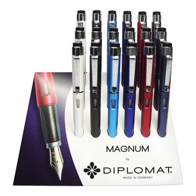 Exhibición de 18 plumas estilográficas Magnum de colores variados, tamaño de pluma M