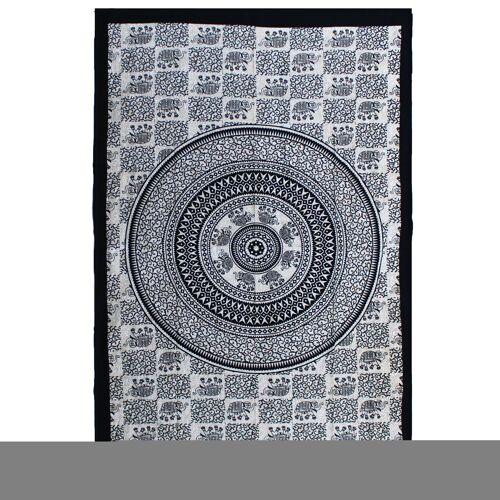 CBWH-30 - Single Cotton Bedspread + Wall Hanging - Mono - Elephant Mandala - Sold in 1x unit/s per outer