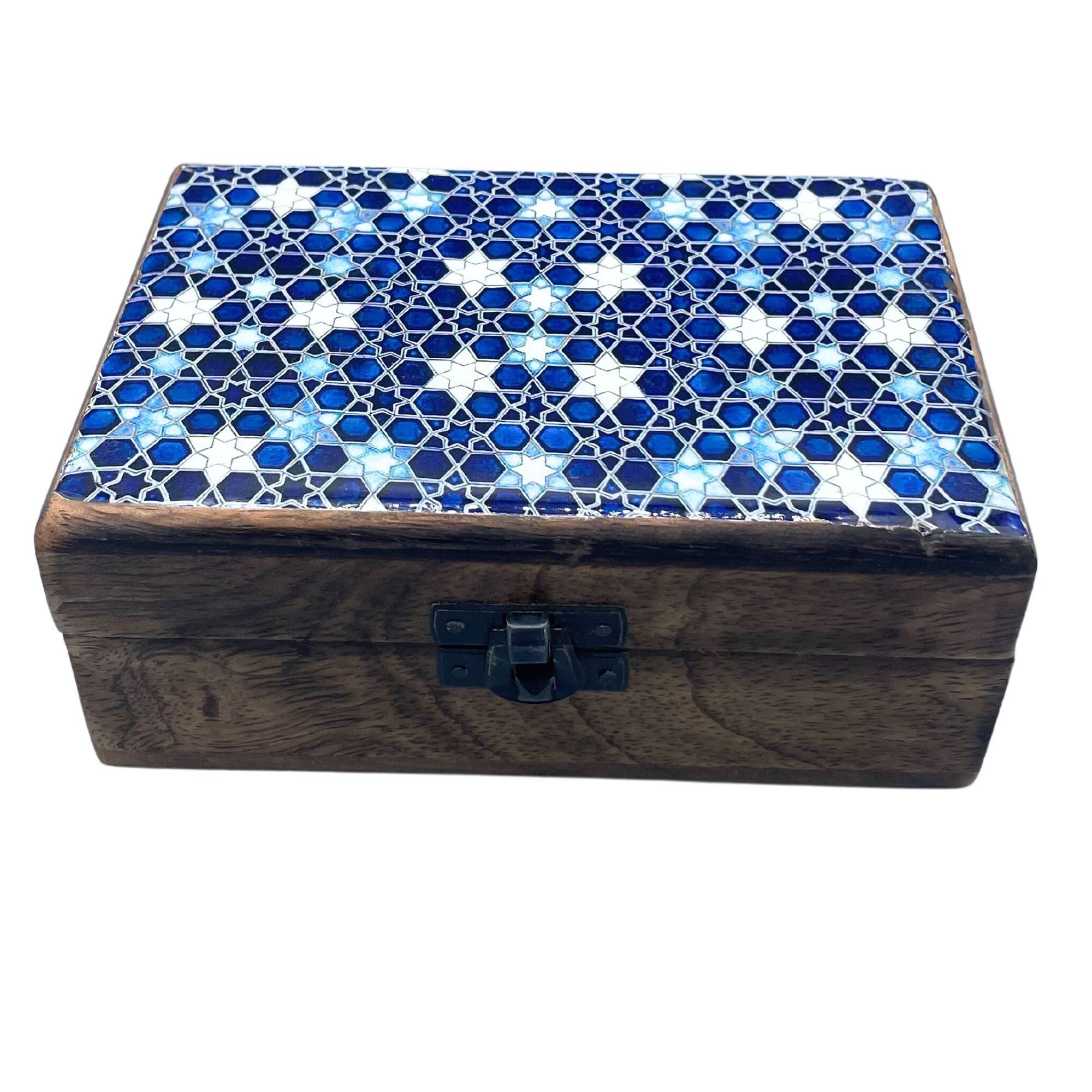 CGIBox-01 - Medium Ceramic Glazed Wood Box - 15x10x6cm - Blue Stars - Sold in 1x unit/s per outer
