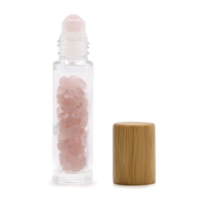 CGRB-03 - Botella con rodillo de aceite esencial de piedras preciosas - Cuarzo rosa - Tapa de madera - Se vende en 10 unidades/s por exterior