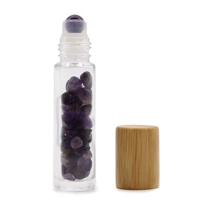CGRB-05 - Botella con rodillo de aceite esencial de piedras preciosas - Amatista - Tapa de madera - Se vende en 10 unidades/s por exterior