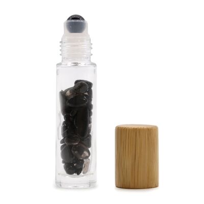 CGRB-07 - Botella con rodillo de aceite esencial de piedras preciosas - Turmalina negra - Tapa de madera - Se vende en 10 unidades/s por exterior