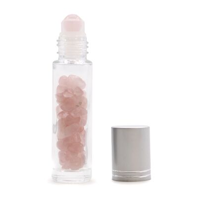CGRB-10 - Botella enrollable de aceite esencial de piedras preciosas - Cuarzo rosa - Tapa plateada - Se vende en 10 unidades/s por exterior