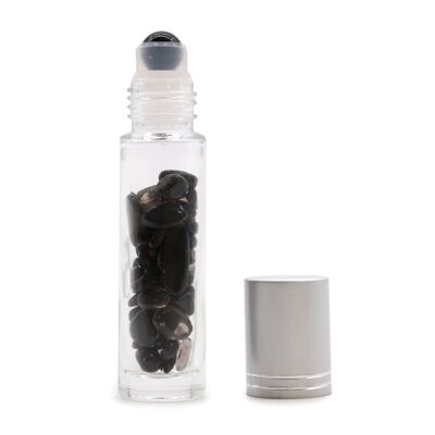CGRB-14 - Botella con rodillo de aceite esencial de piedras preciosas - Turmalina negra - Tapa plateada - Se vende en 10 unidades/s por exterior