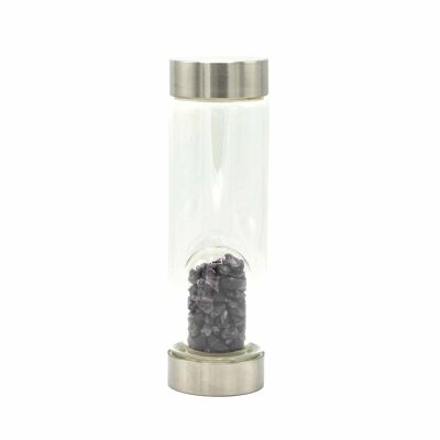 CGWB-12 – Mit Kristallen angereicherte Glaswasserflasche – Entspannender Amethyst – Chips – Verkauft in 1x Einheit/en pro Außenseite
