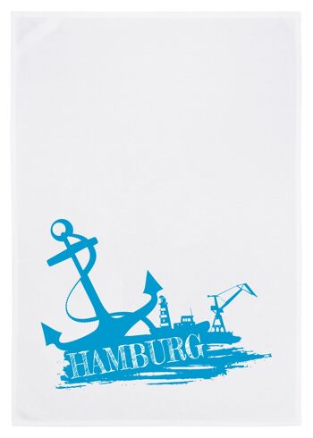 Torchon blanc, HAMBURG AHOI, bleu