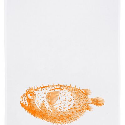 White tea towel, KUGELFISCH, neon orange, 100% cotton