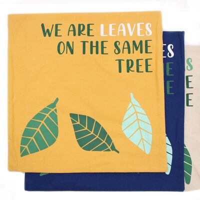 CushN-02 - Bedruckter Kissenbezug aus Baumwolle - We are Leaves - Gelb, Blau und Natur - Verkauft in 3 Stück pro Außenseite