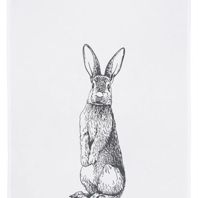 White tea towel, STANDING HARE, dark gray