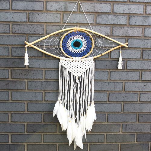 EyeDC-04 - Protection Dream Catcher - Lrg Macrame Evil Eye Blue/White/Black - Sold in 1x unit/s per outer