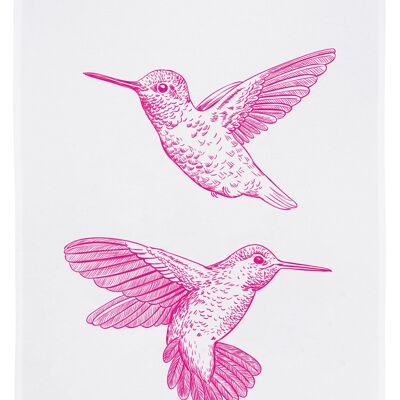 White tea towel, Hummingbird, neon pink