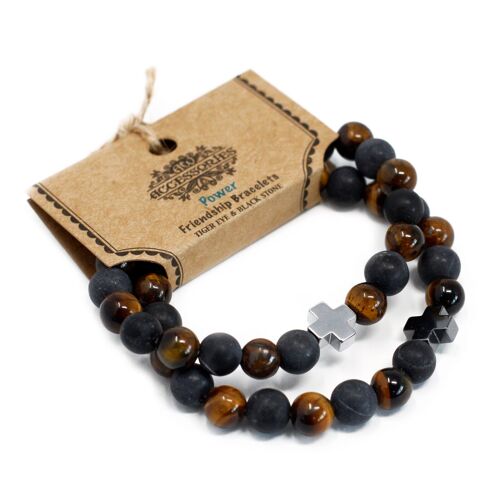 FGB-03 - Set of 2 Friendship Bracelets - Power - Tiger Eye & Black Stone - Sold in 2x unit/s per outer