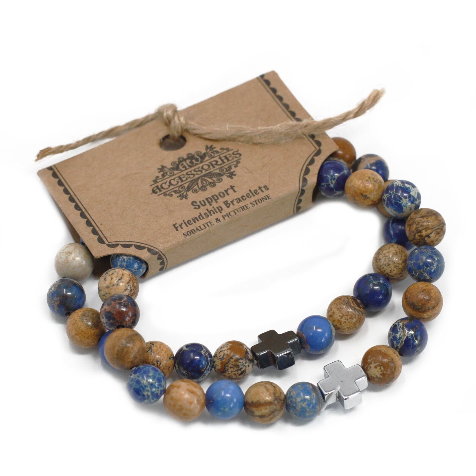 FGB-08 - Set di 2 braccialetti dell'amicizia - Supporto - Sodalite e pietra pittorica - Venduto in 2 unità/i per esterno