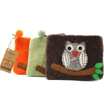 FZP-03 - Pochette zippée en feutre naturel (asst) - Hibou sur branche - Vendu en 3x unité/s par extérieur 2