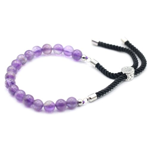 GemSB-02 - 925 Silver Plated Gemstone Black String Bracelet - Amethyst - Sold in 1x unit/s per outer