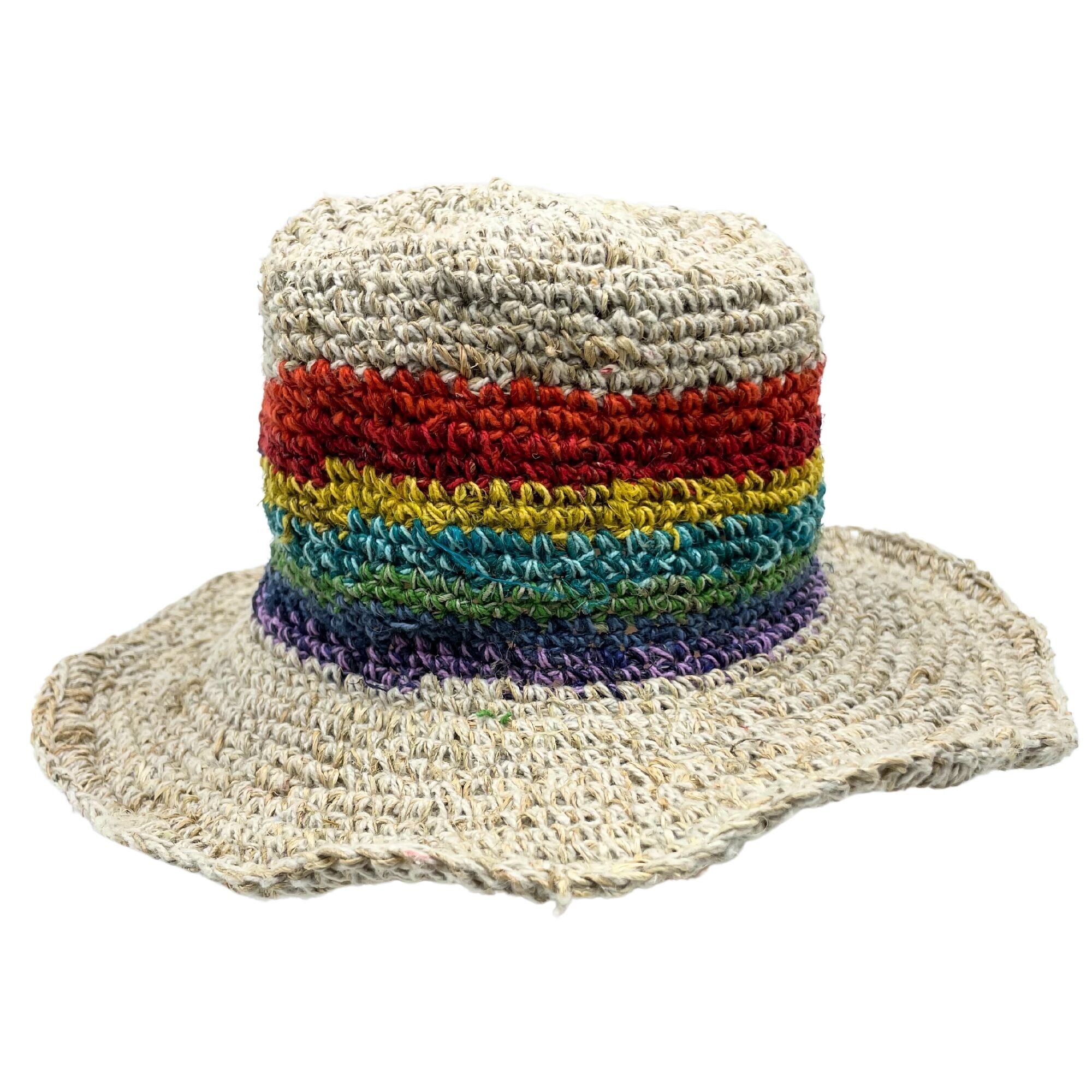 HempH-02 - Handgestrickte Boho-Festivalmütze aus Hanf und Baumwolle - Regenbogen - Verkauft in 3 Stück pro Außenseite
