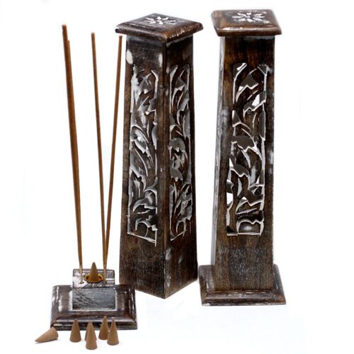 ISH-131M - Tapered Incense Tower Washed Des2 - Mango Wood - Sold in 2x unit/s per outer