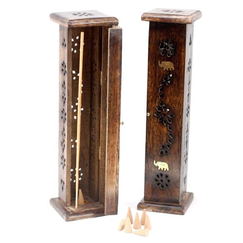 ISH-171M - Square Incense Tower - Brass inlay - Mango Wood - Sold in 2x unit/s per outer