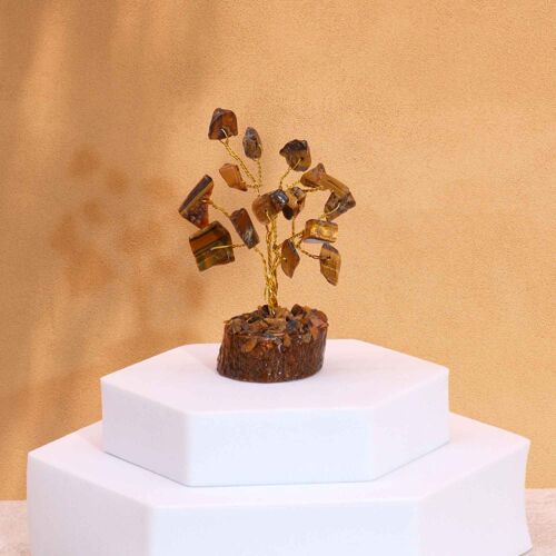 MGemT-13 - Mini Gemstone Trees On Wood Base - Tiger Eye (15 stones) - Sold in 12x unit/s per outer