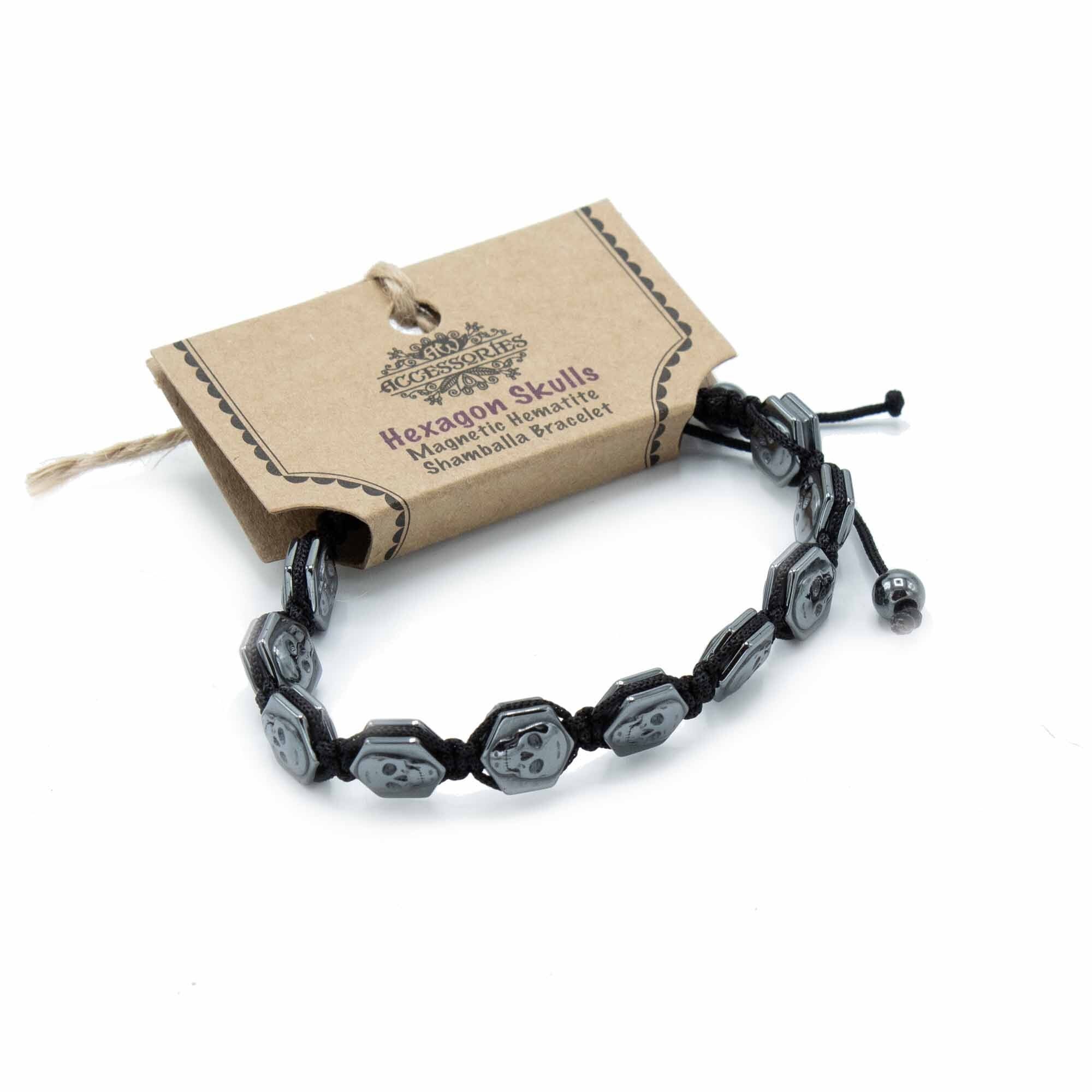 MHSB-03 - Bracciale Shamballa magnetico in ematite - Teschi esagonali - Venduto in 3 unità per esterno