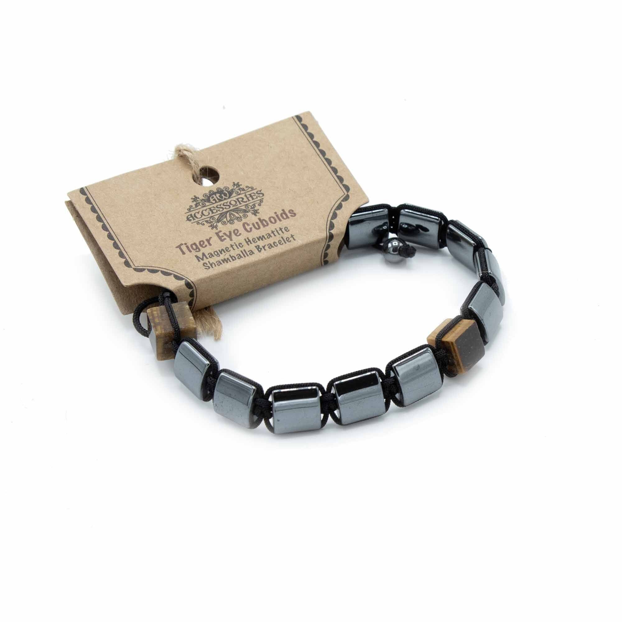 MHSB-10 - Bracciale Shamballa magnetico in ematite - Cuboidi occhio di tigre - Venduto in 3 unità per esterno